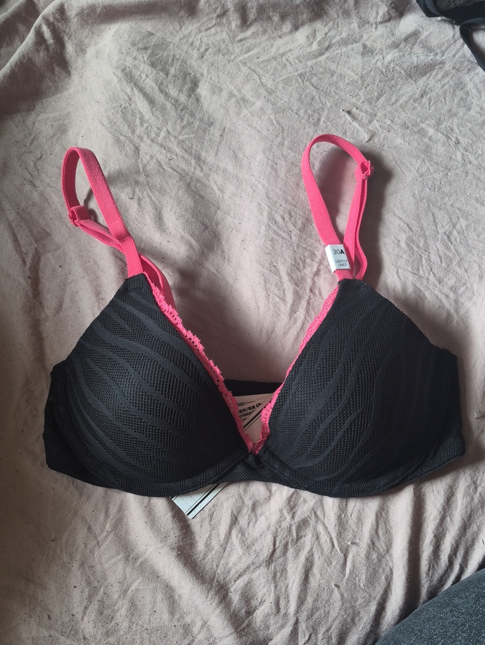 NWT PINK Victoria's Secret Zebra Lace Black Pink Lightly Lined Bra 30A
